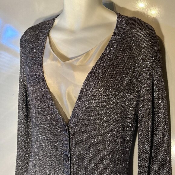 Studio Y SZ XL Silver Gray Metallic Cardigan Button Front 80's comfy Party Bling - Picture 2 of 10